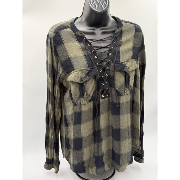 Express Plaid Lace-Up‎ Long Sleeve Top Womens Small Olive Green Black Casual - Picture 2 of 16